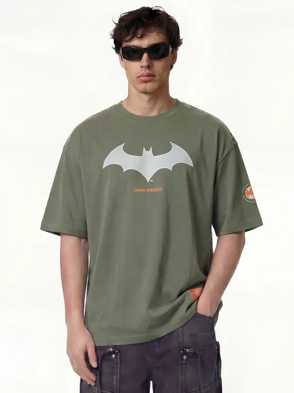 DC By Highlander Men Olive Batman Printed Round Neck Oversized Fit T-Shirt