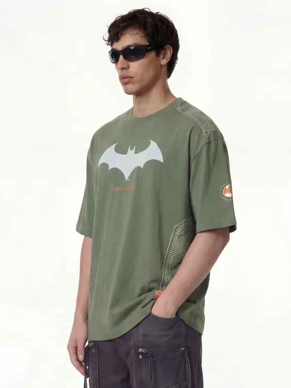 DC By Highlander Men Olive Batman Printed Round Neck Oversized Fit T-Shirt