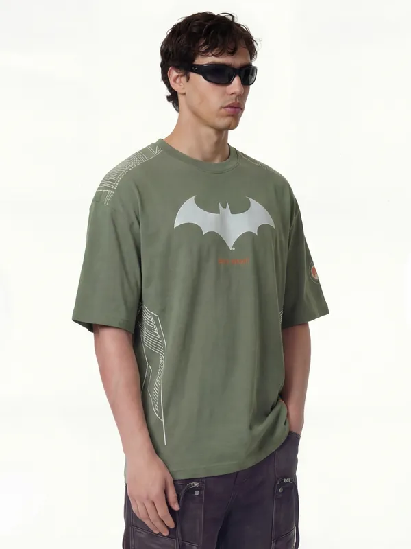DC By Highlander Men Olive Batman Printed Round Neck Oversized Fit T-Shirt
