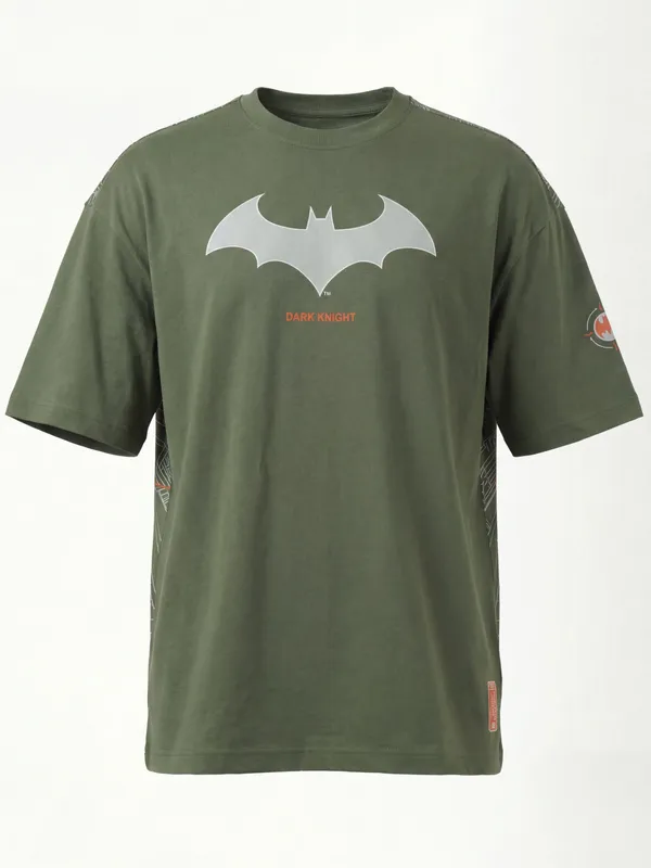 DC By Highlander Men Olive Batman Printed Round Neck Oversized Fit T-Shirt