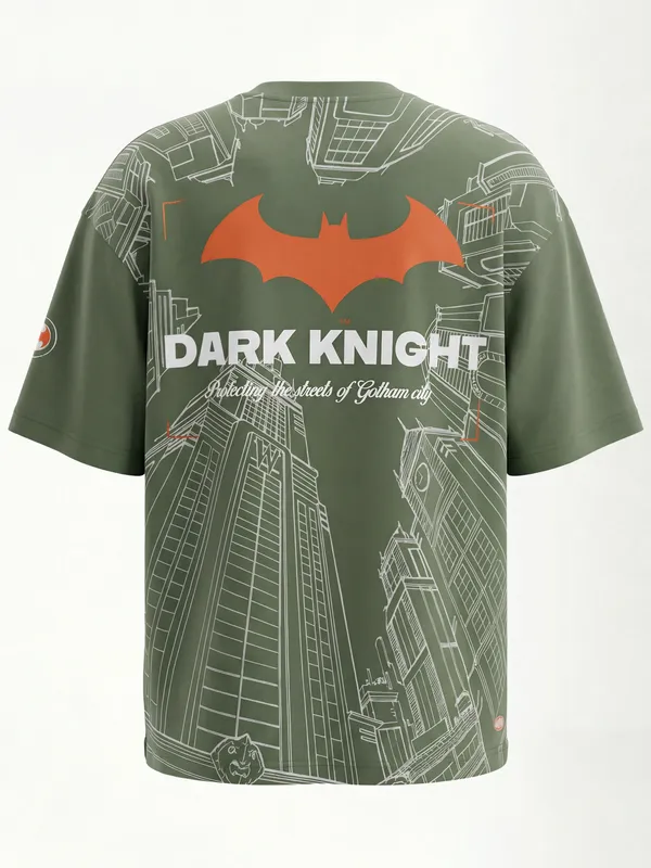 DC By Highlander Men Olive Batman Printed Round Neck Oversized Fit T-Shirt