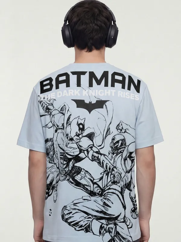 DC By Highlander Men Blue Batman Printed Round Neck Oversized Fit T-Shirt