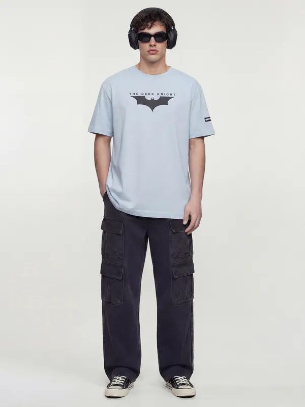 DC By Highlander Men Blue Batman Printed Round Neck Oversized Fit T-Shirt