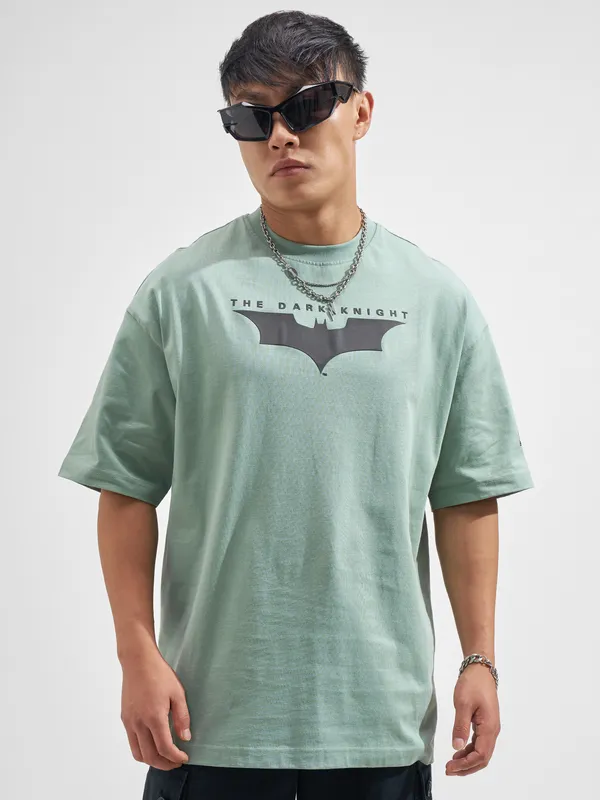 DC By Highlander Men Green Batman Printed Round Neck Oversized Fit T-Shirt