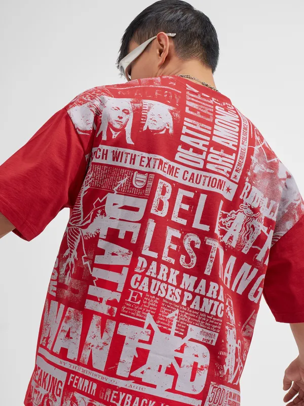 WB By Highlander Men Red Harry Potter Printed Round Neck Oversized Fit T-Shirt