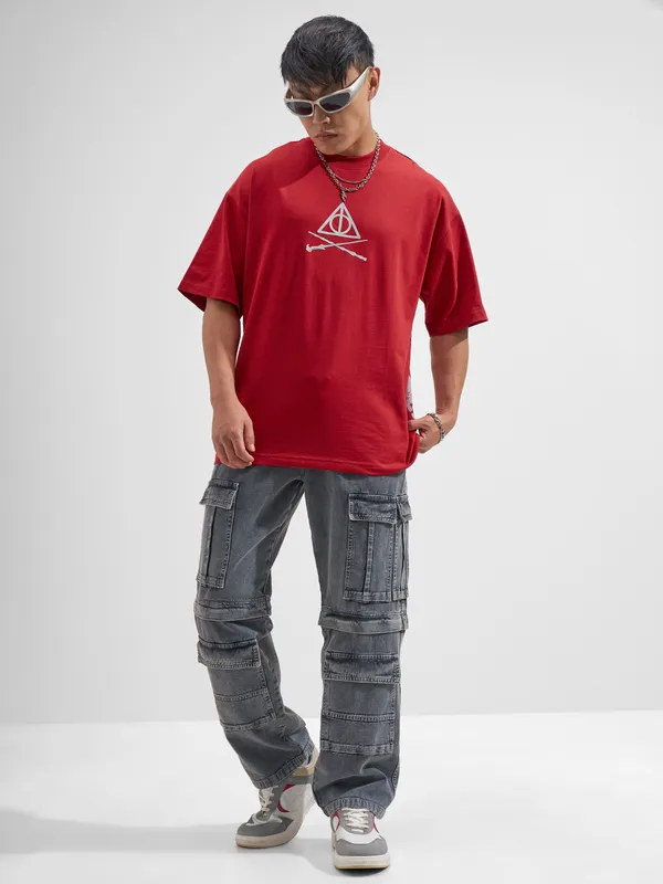 WB By Highlander Men Red Harry Potter Printed Round Neck Oversized Fit T-Shirt