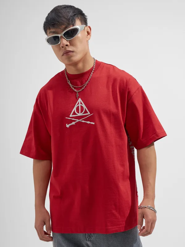 WB By Highlander Men Red Harry Potter Printed Round Neck Oversized Fit T-Shirt