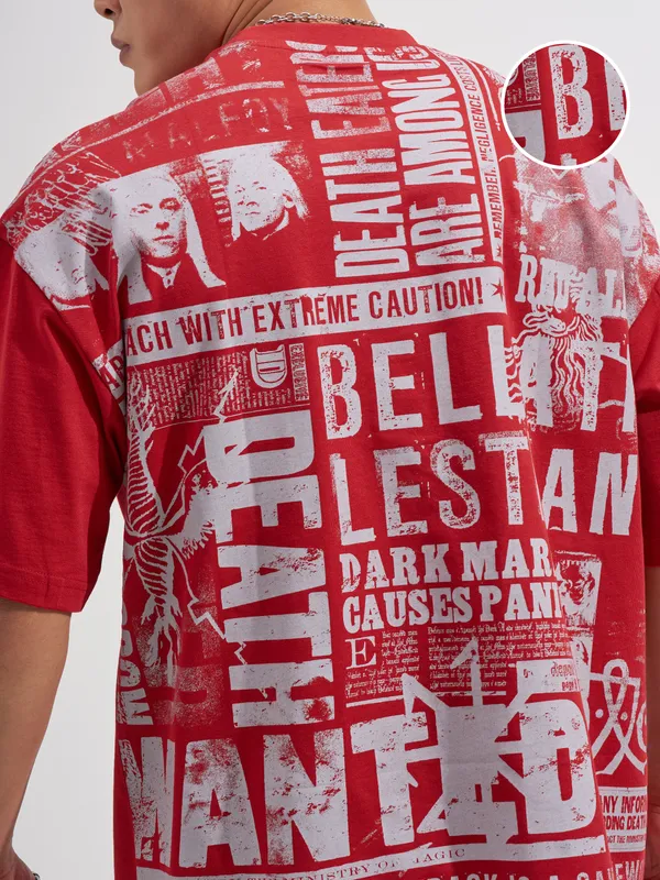 WB By Highlander Men Red Harry Potter Printed Round Neck Oversized Fit T-Shirt