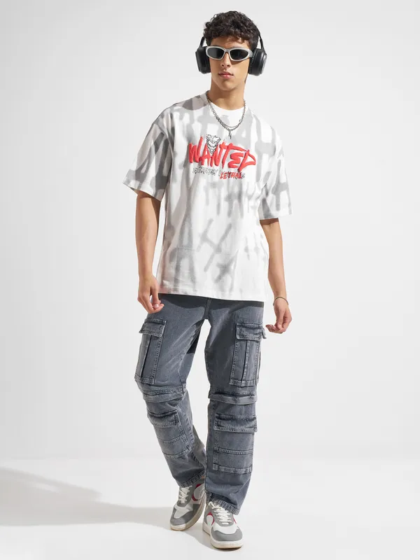 WB By Highlander Men White Joker Printed Round Neck Oversized Fit T-Shirt