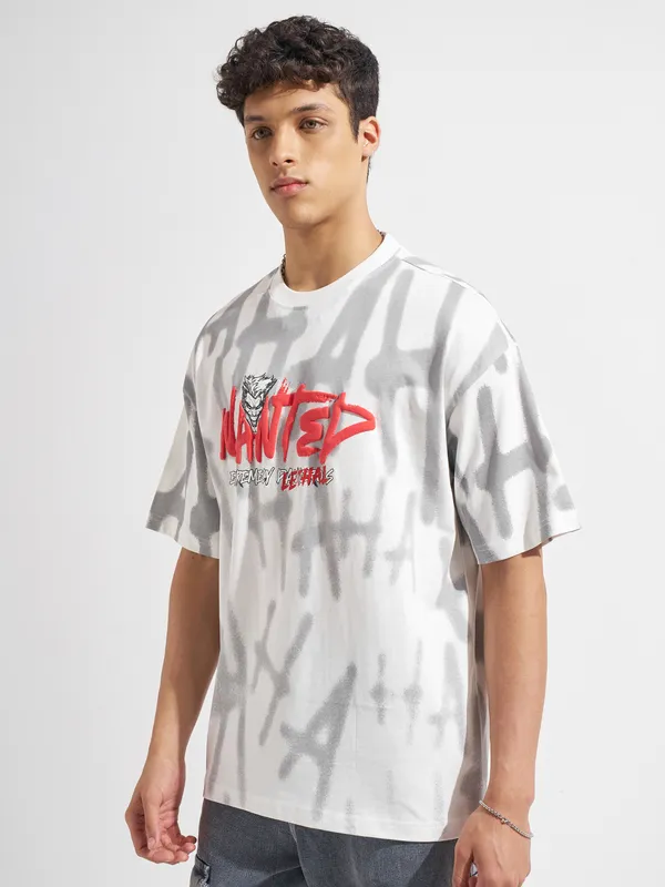 WB By Highlander Men White Joker Printed Round Neck Oversized Fit T-Shirt
