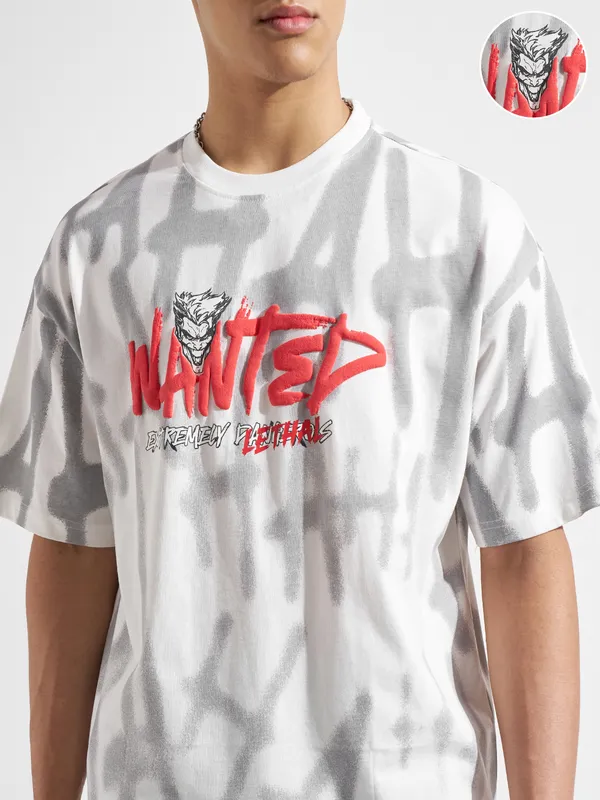 WB By Highlander Men White Joker Printed Round Neck Oversized Fit T-Shirt