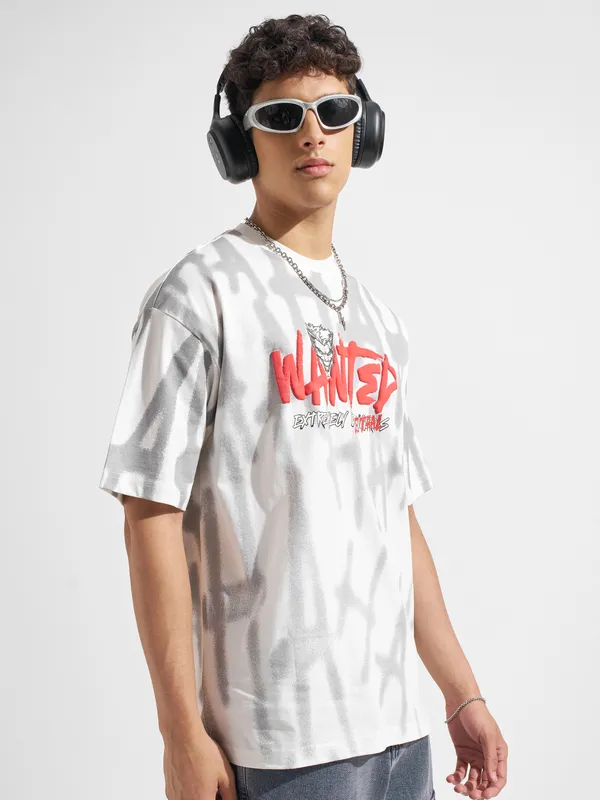 WB By Highlander Men White Joker Printed Round Neck Oversized Fit T-Shirt