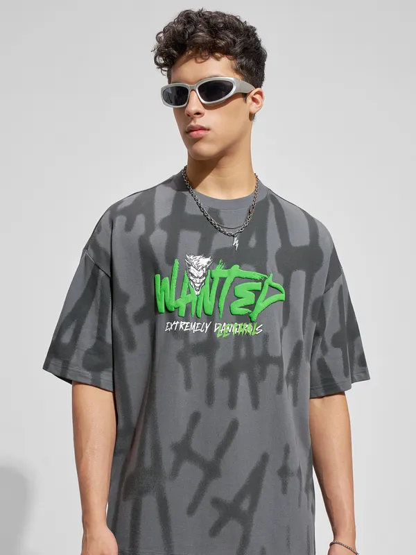 WB By Highlander Men Grey Joker Printed Round Neck Oversized Fit T-Shirt