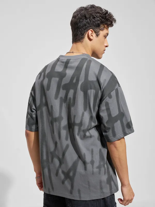 WB By Highlander Men Grey Joker Printed Round Neck Oversized Fit T-Shirt