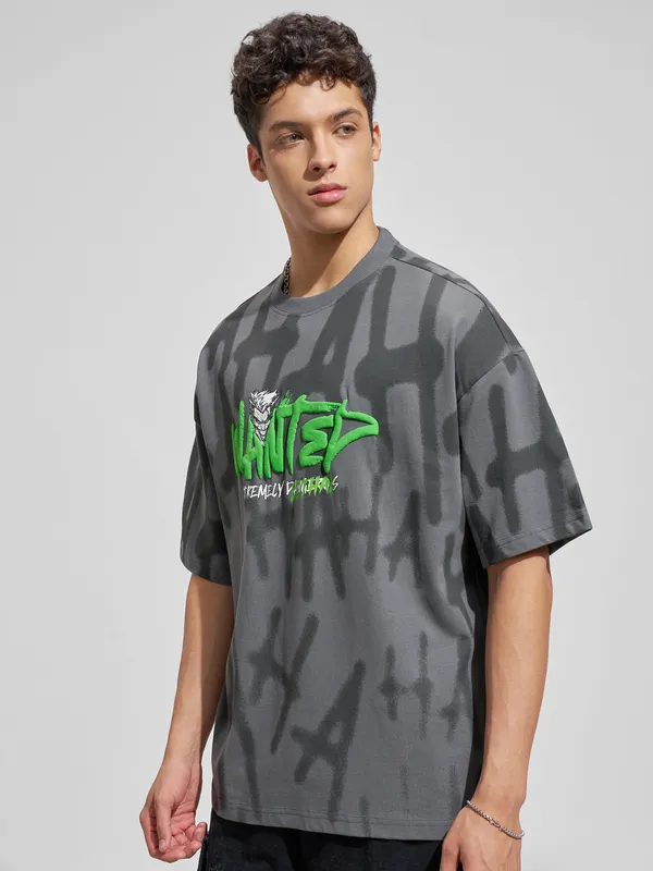 WB By Highlander Men Grey Joker Printed Round Neck Oversized Fit T-Shirt