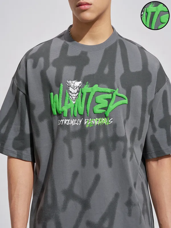WB By Highlander Men Grey Joker Printed Round Neck Oversized Fit T-Shirt