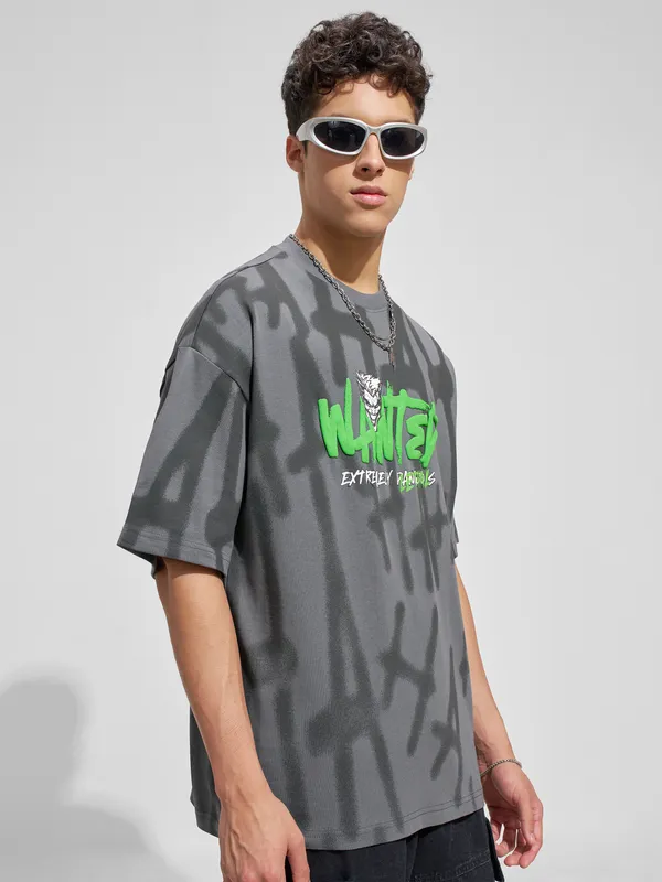 WB By Highlander Men Grey Joker Printed Round Neck Oversized Fit T-Shirt