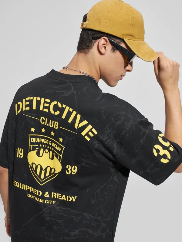 WB By Highlander Men Black Batman Printed Round Neck Oversized Fit T-Shirt