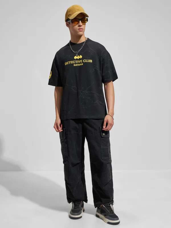 WB By Highlander Men Black Batman Printed Round Neck Oversized Fit T-Shirt