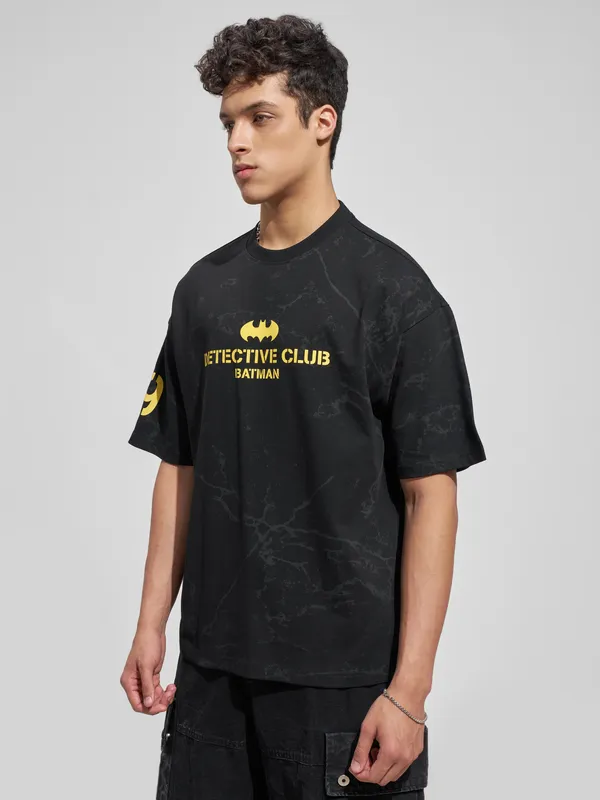 WB By Highlander Men Black Batman Printed Round Neck Oversized Fit T-Shirt