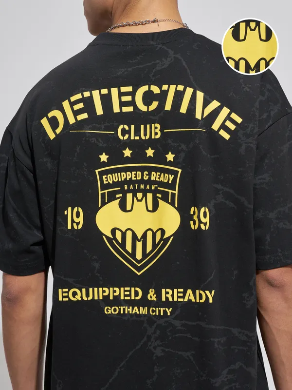 WB By Highlander Men Black Batman Printed Round Neck Oversized Fit T-Shirt