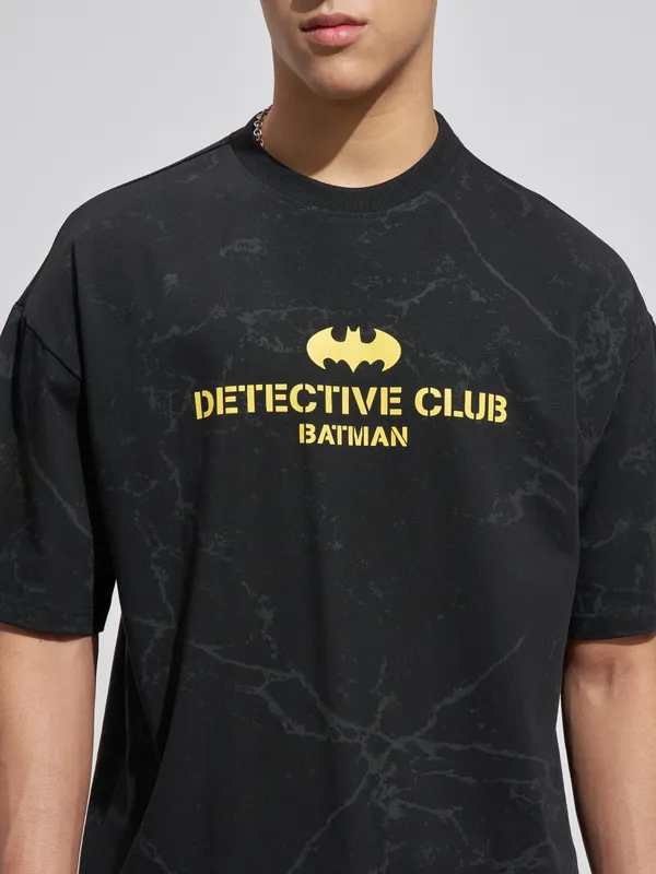 WB By Highlander Men Black Batman Printed Round Neck Oversized Fit T-Shirt