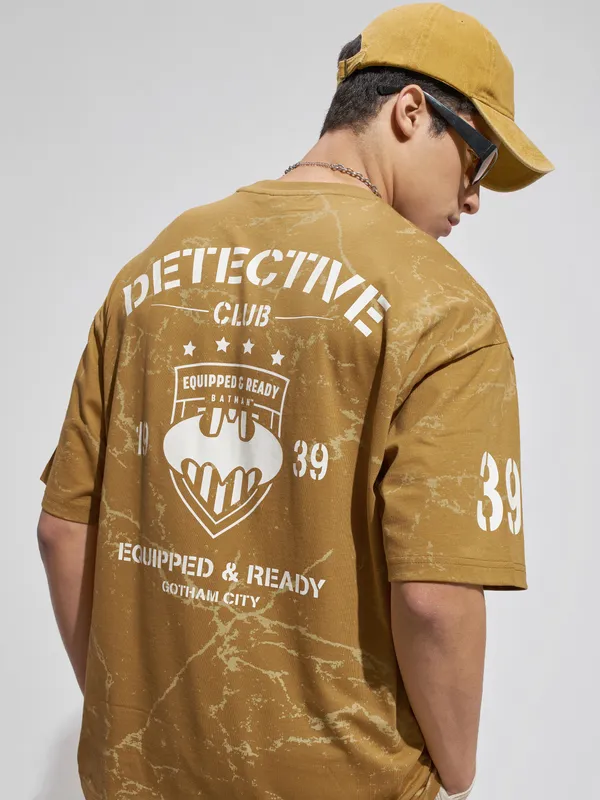 WB By Highlander Men Mustard Batman Printed Round Neck Oversized Fit T-Shirt