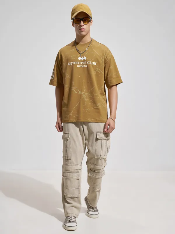 WB By Highlander Men Mustard Batman Printed Round Neck Oversized Fit T-Shirt