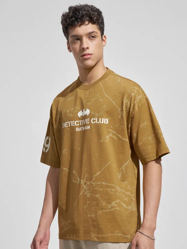 WB By Highlander Men Mustard Batman Printed Round Neck Oversized Fit T-Shirt