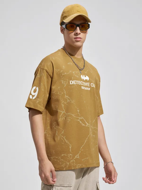 WB By Highlander Men Mustard Batman Printed Round Neck Oversized Fit T-Shirt