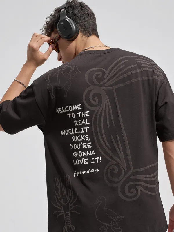 WB By Highlander Men Brown FRIENDS Printed Round Neck Oversized Fit T-Shirt
