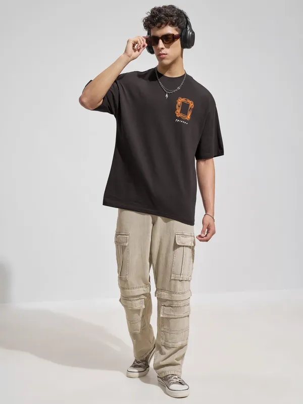 WB By Highlander Men Brown FRIENDS Printed Round Neck Oversized Fit T-Shirt