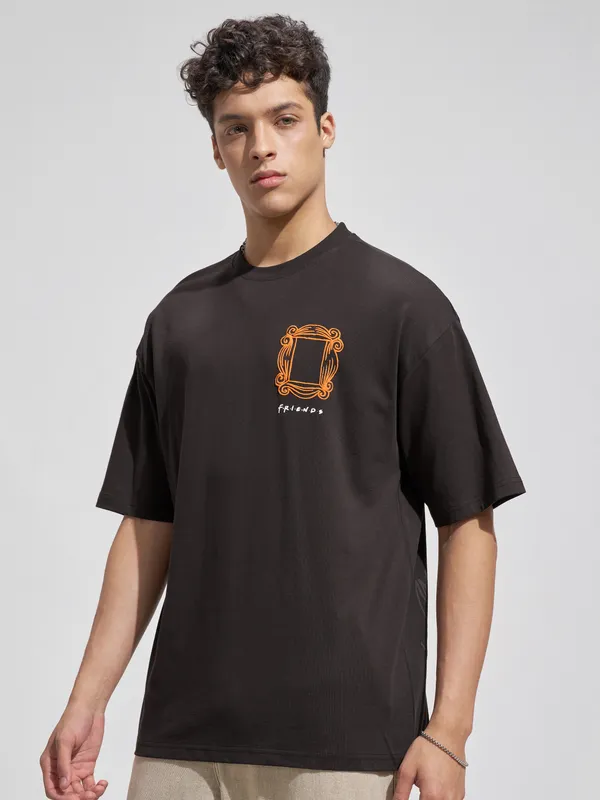 WB By Highlander Men Brown FRIENDS Printed Round Neck Oversized Fit T-Shirt