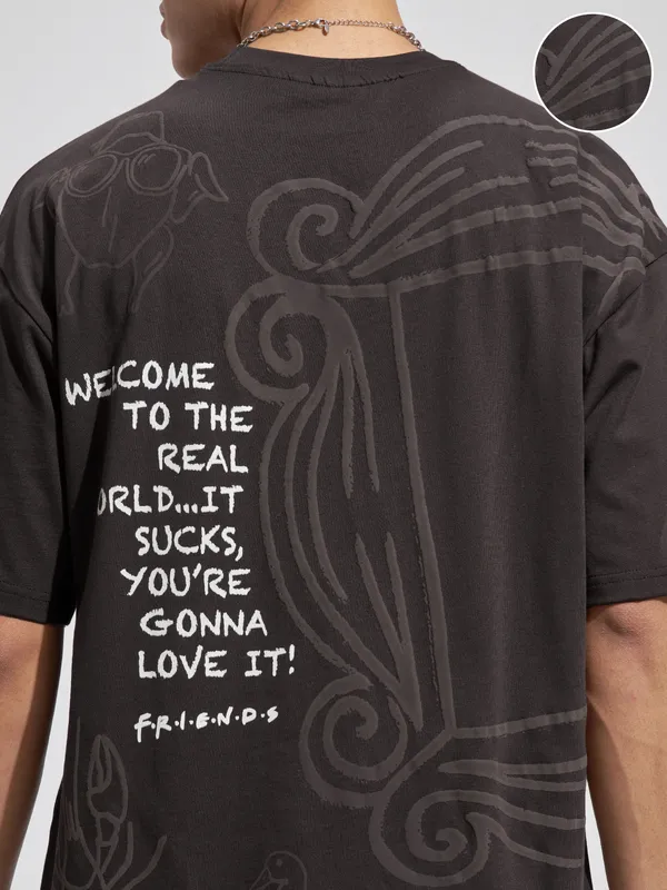 WB By Highlander Men Brown FRIENDS Printed Round Neck Oversized Fit T-Shirt