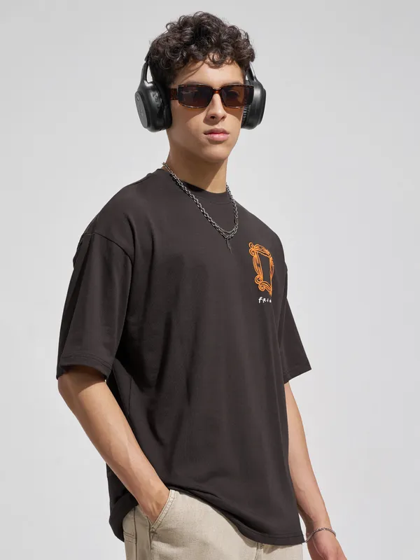 WB By Highlander Men Brown FRIENDS Printed Round Neck Oversized Fit T-Shirt