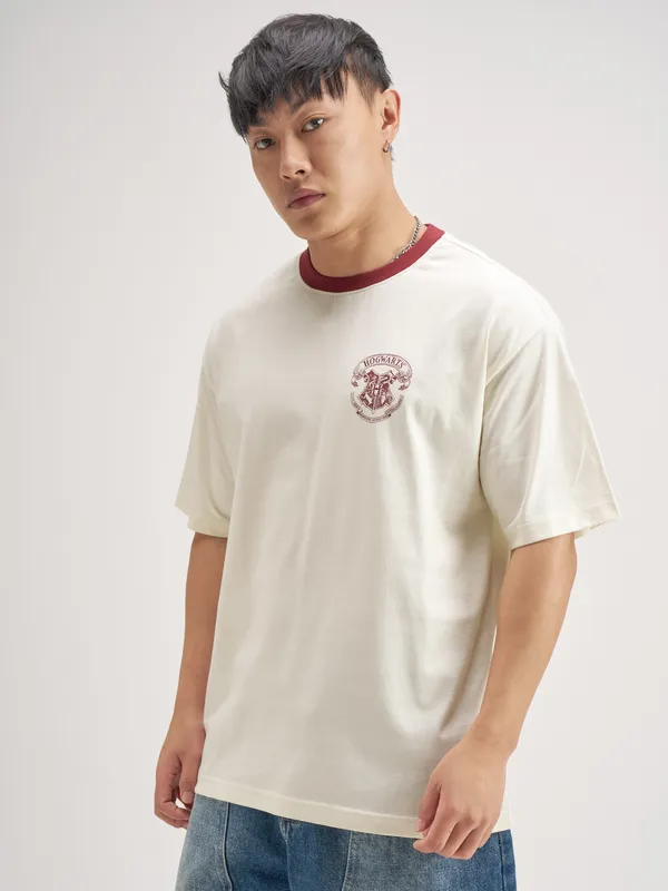 WB By Highlander Men Off White Harry Potter Printed Round Neck T-Shirt