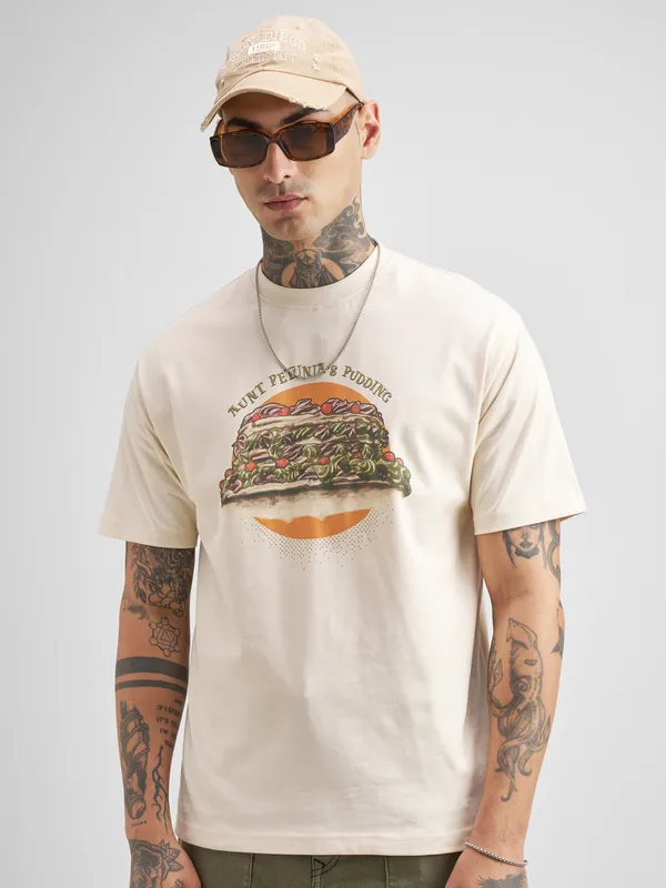 WB By Highlander Men Cream Harry Potter Printed Round Neck T-Shirt