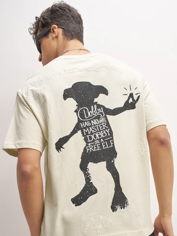 WB By Highlander Men Beige Harry Potter Embroidered Round Neck T-Shirt
