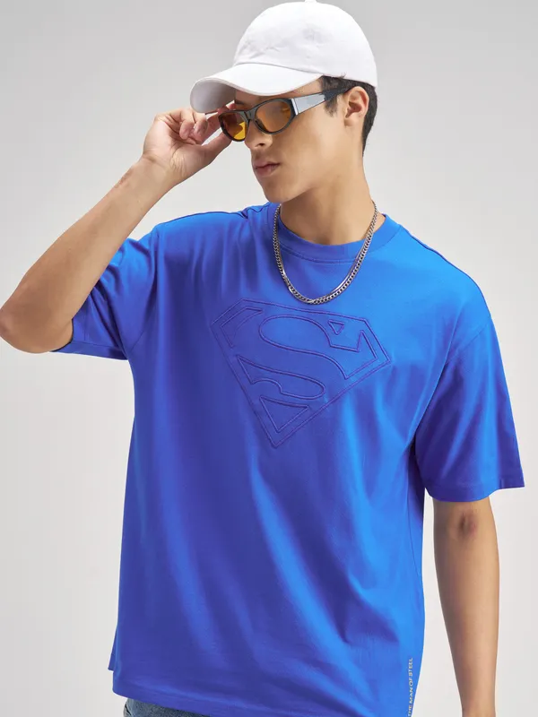 DC By Highlander Men Blue Superman Embroidered Round Neck T-Shirt