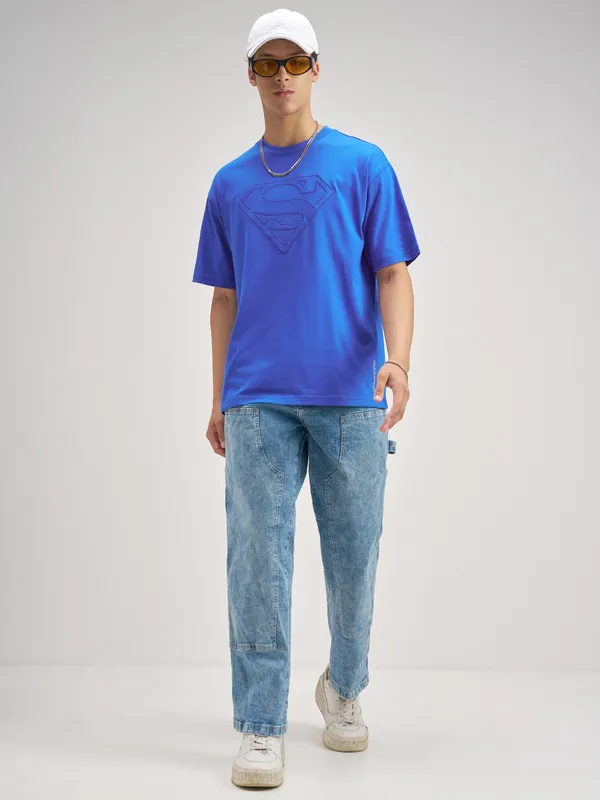 DC By Highlander Men Blue Superman Embroidered Round Neck T-Shirt