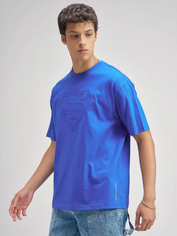 DC By Highlander Men Blue Superman Embroidered Round Neck T-Shirt