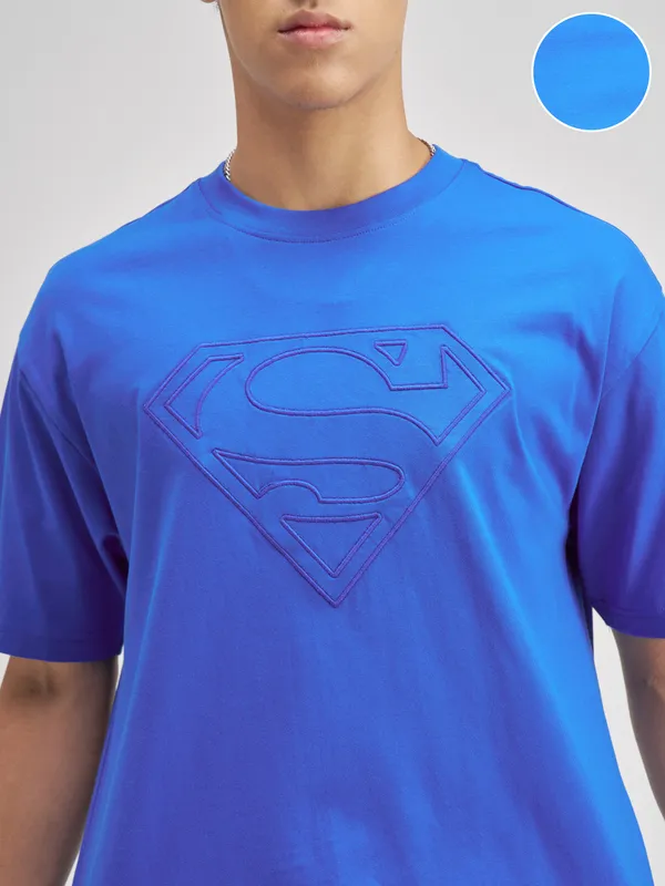 DC By Highlander Men Blue Superman Embroidered Round Neck T-Shirt