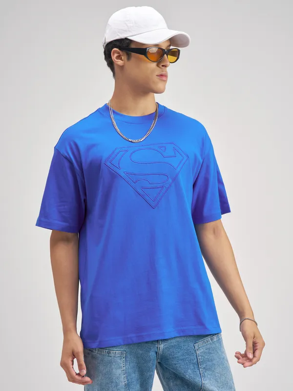 DC By Highlander Men Blue Superman Embroidered Round Neck T-Shirt