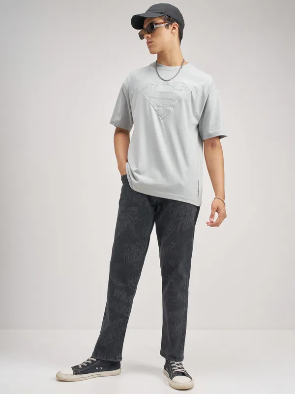 DC By Highlander Men Grey Superman Embroidered Round Neck T-Shirt