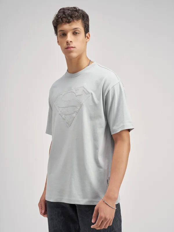 DC By Highlander Men Grey Superman Embroidered Round Neck T-Shirt