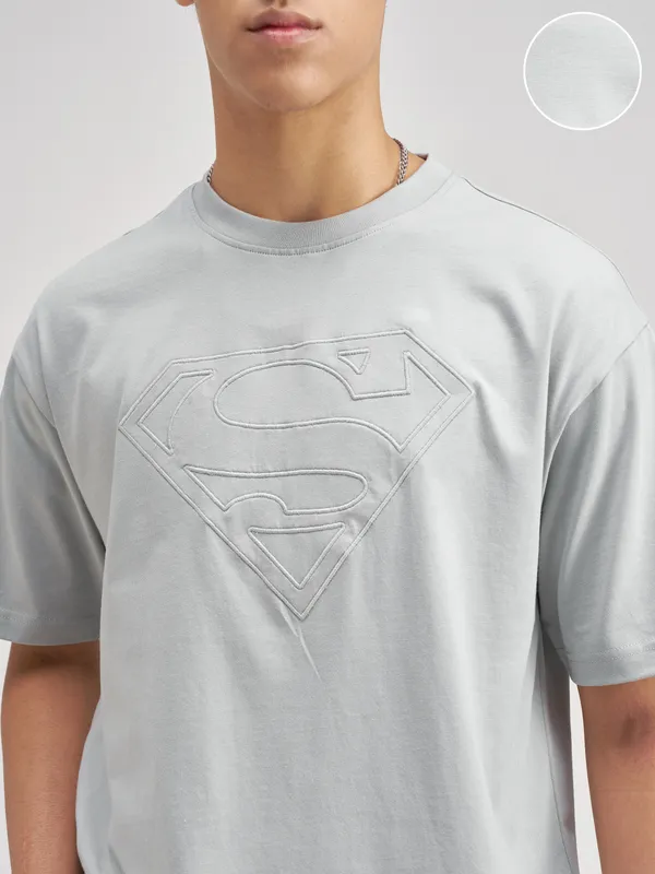 DC By Highlander Men Grey Superman Embroidered Round Neck T-Shirt