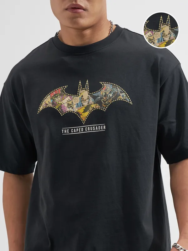 DC By Highlander Men Black Batman Printed Round Neck T-Shirt