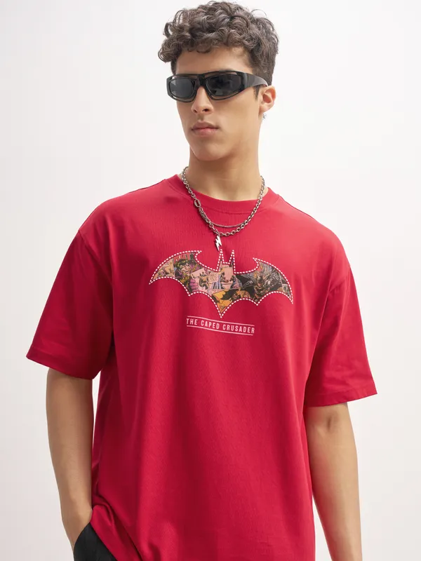 DC By Highlander Men Red Batman Printed Round Neck T-Shirt