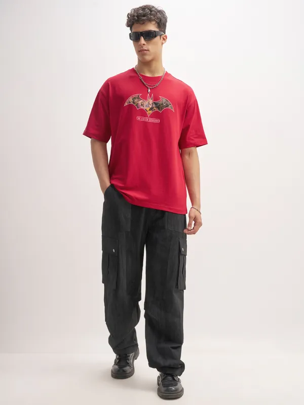 DC By Highlander Men Red Batman Printed Round Neck T-Shirt