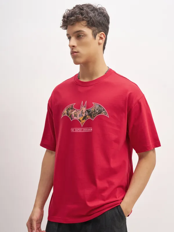 DC By Highlander Men Red Batman Printed Round Neck T-Shirt